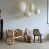Suspension in rattan and japanese natural linen in the shape of a lantern h50 d30