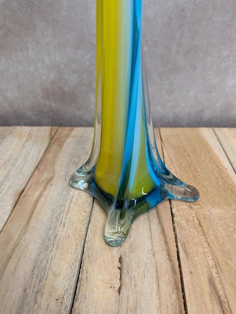 Vintage glass vase in blue and yellow Murano style.