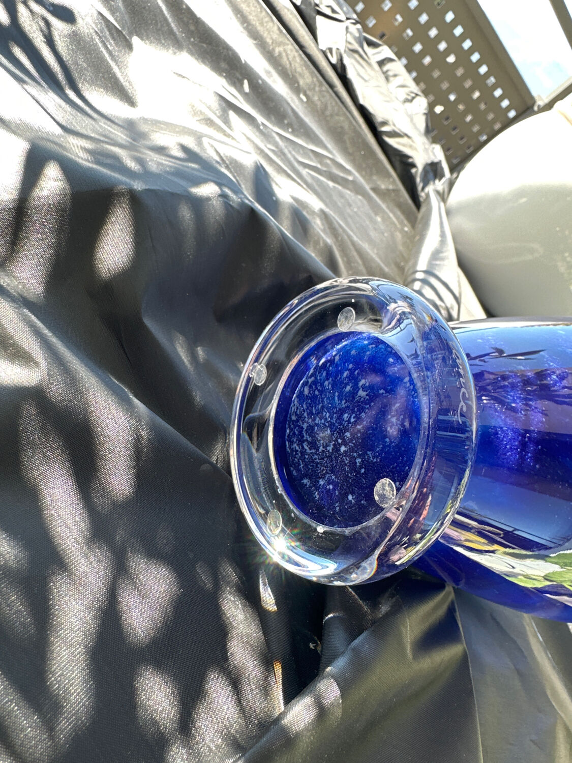 Cobalt blue glass vase, signed, glass art piece.