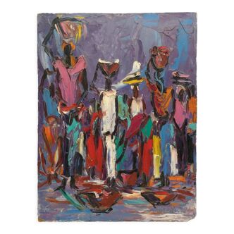 Women carrying burdens on their heads by Louis Koyongonda, 1950