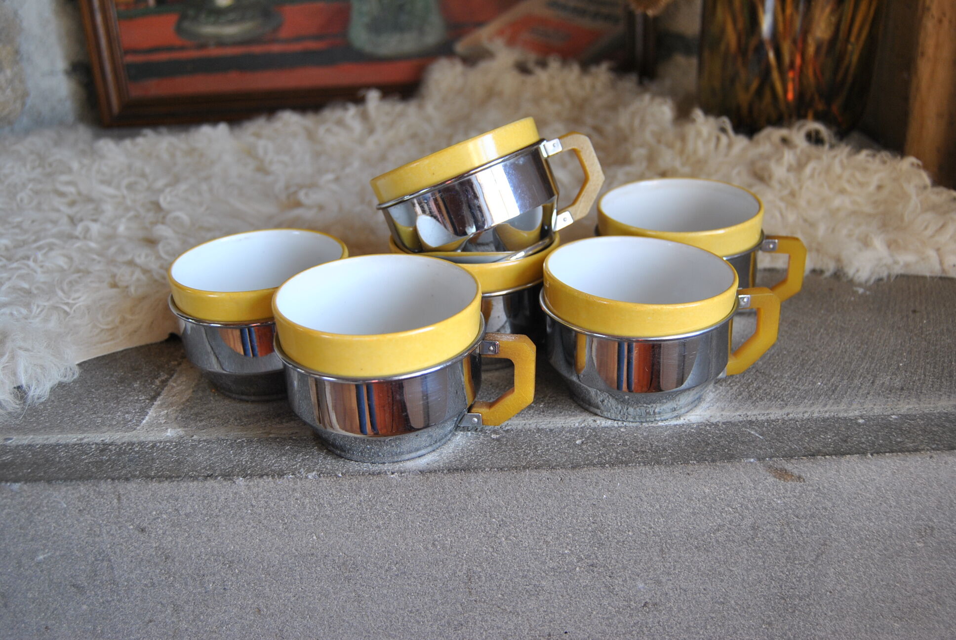 Series of 6 ceramic and stainless steel cups - 70s - Vintage