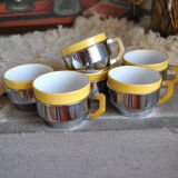 Series of 6 ceramic and stainless steel cups - 70s - Vintage
