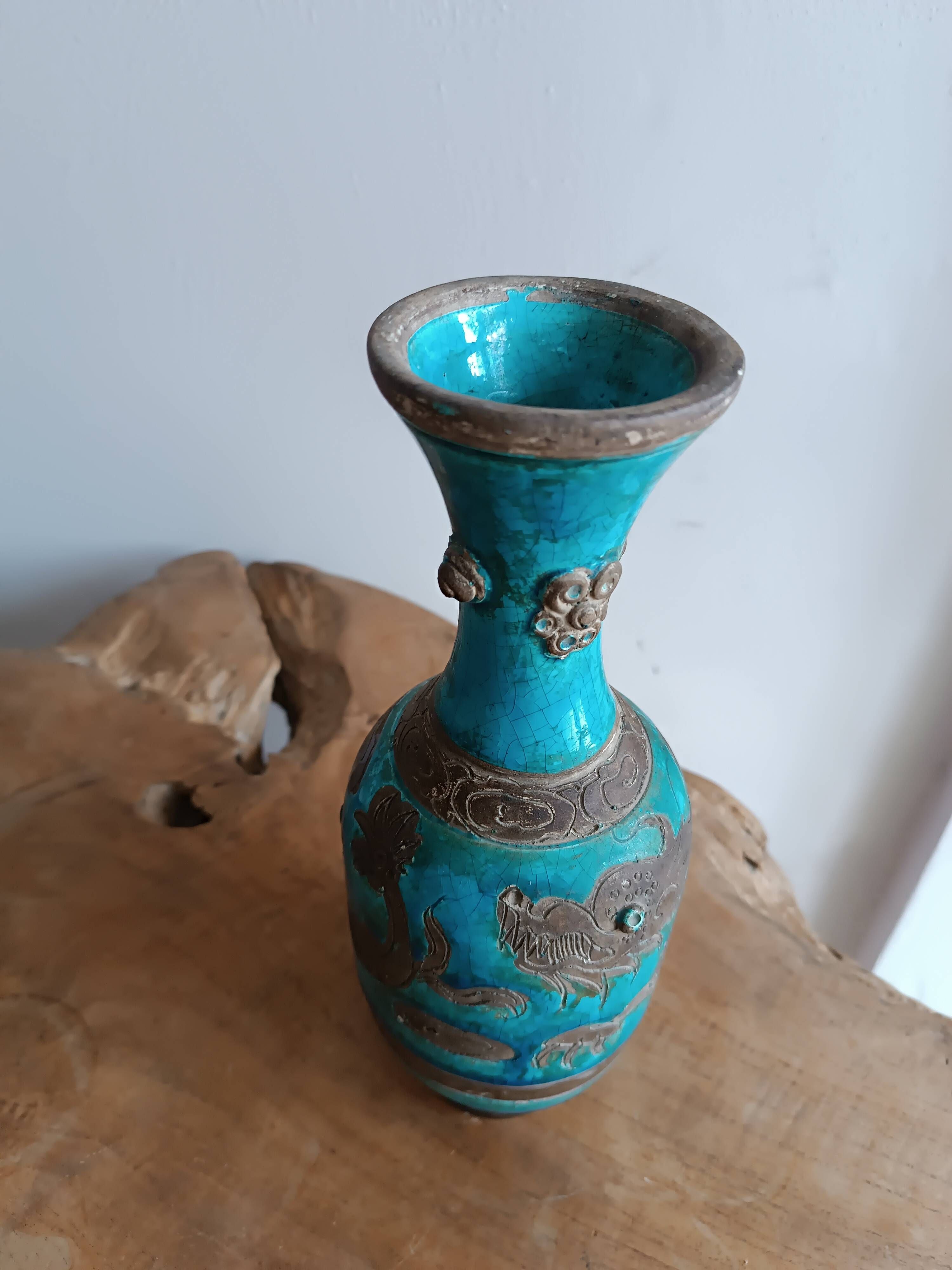 Ugo zaccagnini turquoise ceramic vase with dragon decoration
