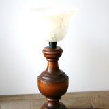 Wooden table lamp, patterned glass lampshade
