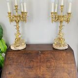 Pair of gilded bronze candlesticks, marble bases.