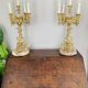 Pair of gilt bronze chandeliers, marble bases.