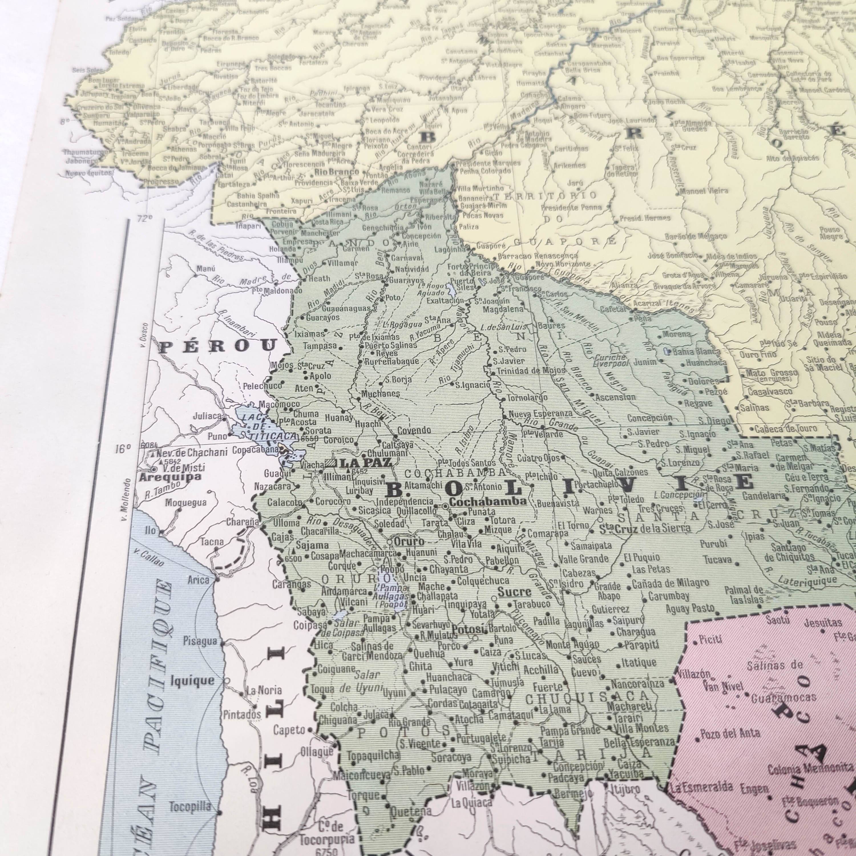 Old map of South America Brazil Bolivia Paraguay 43x43cm from 1950