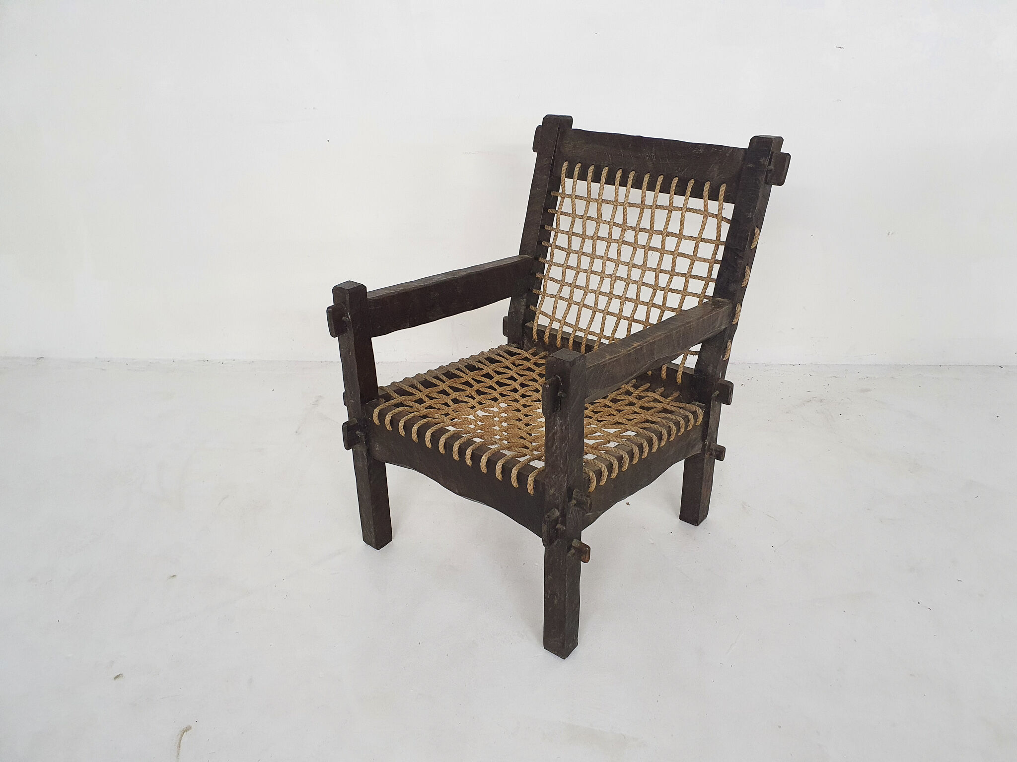Solid oak and rope lounge chair, The Netherlands 1960's