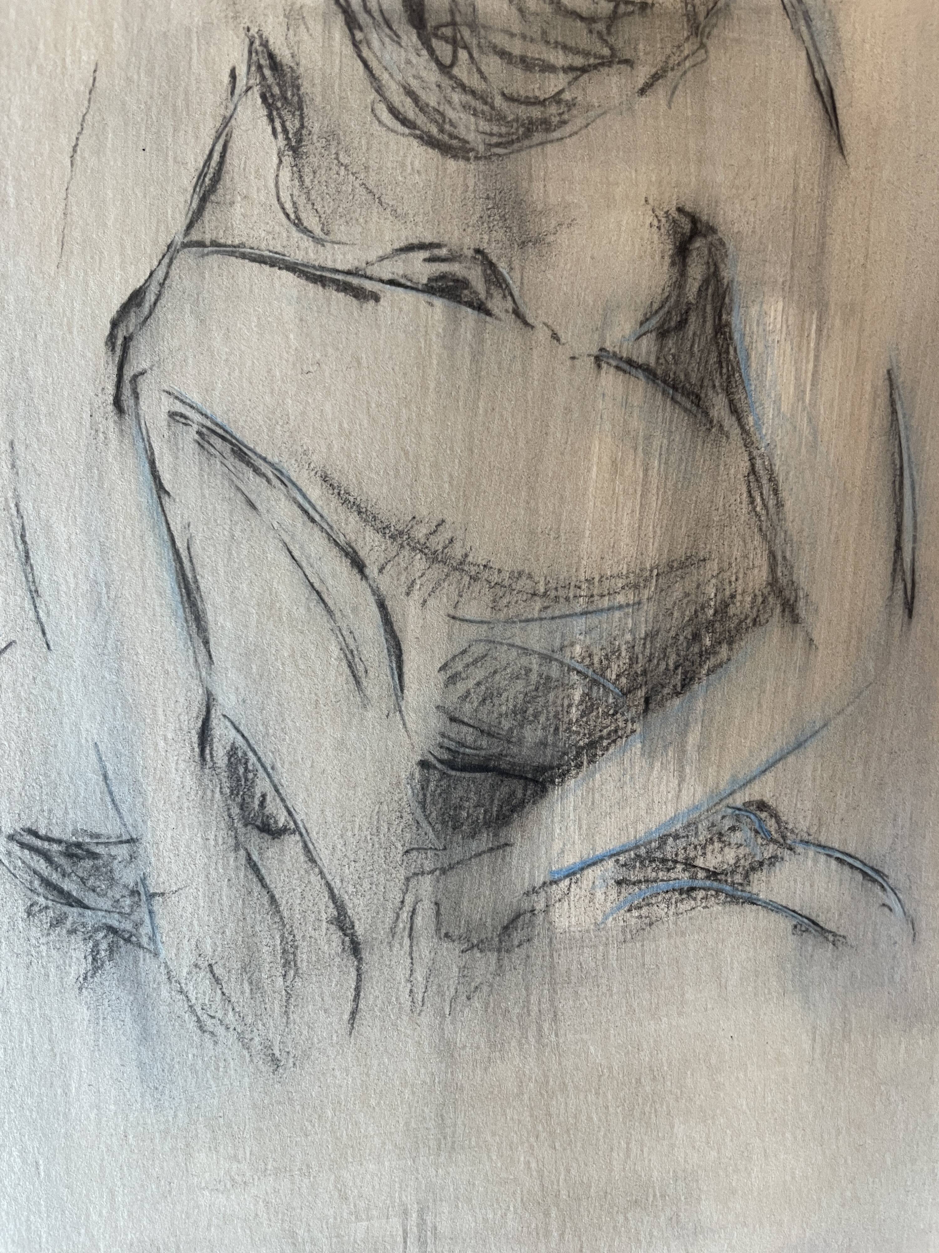 Tableau signé fusain portrait de femme accroupie