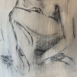 Painting signed charcoal portrait of crouching woman