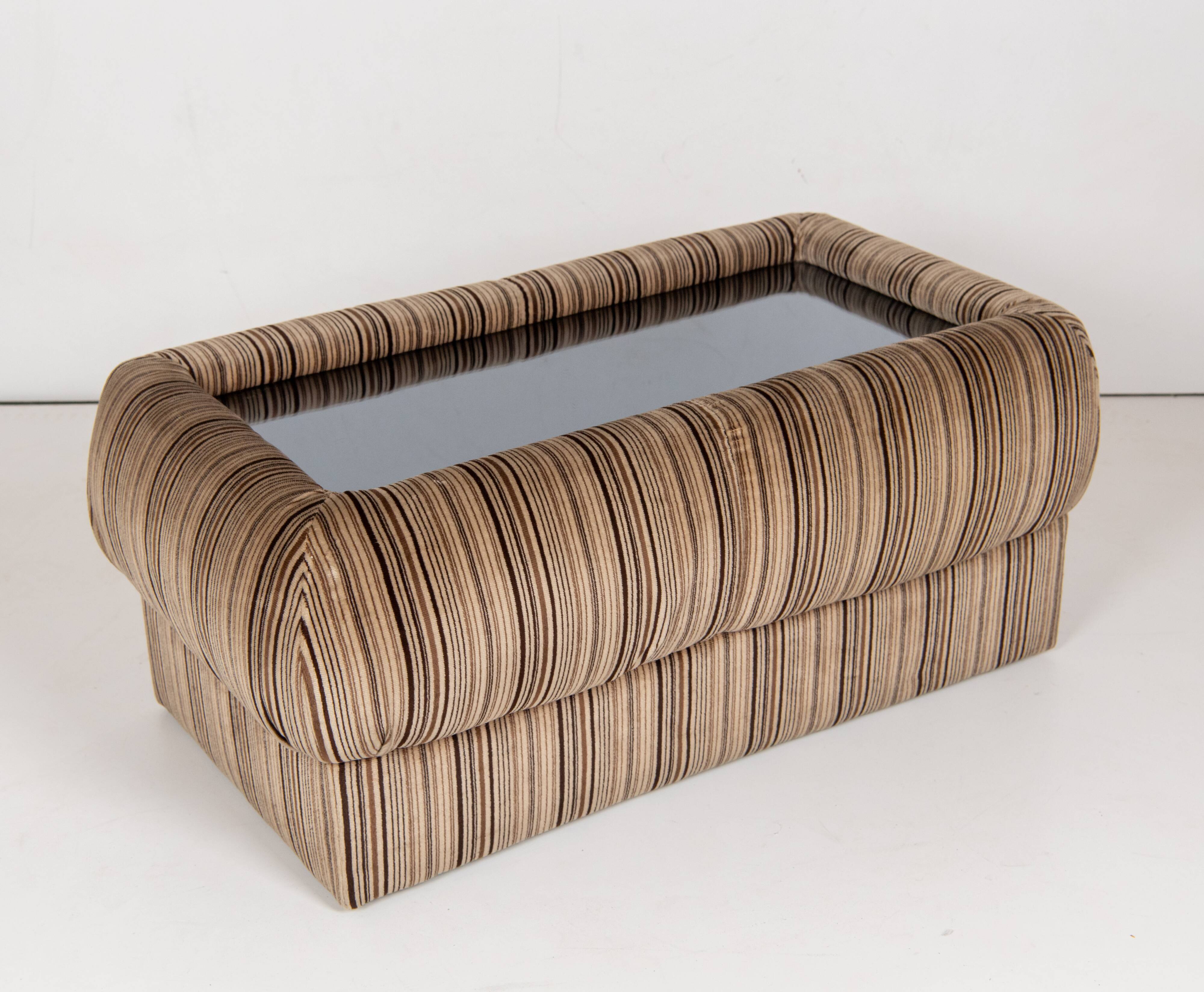 1970s vintage coffee table with velvet frame and glass top