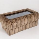 1970s vintage coffee table with velvet frame and glass top