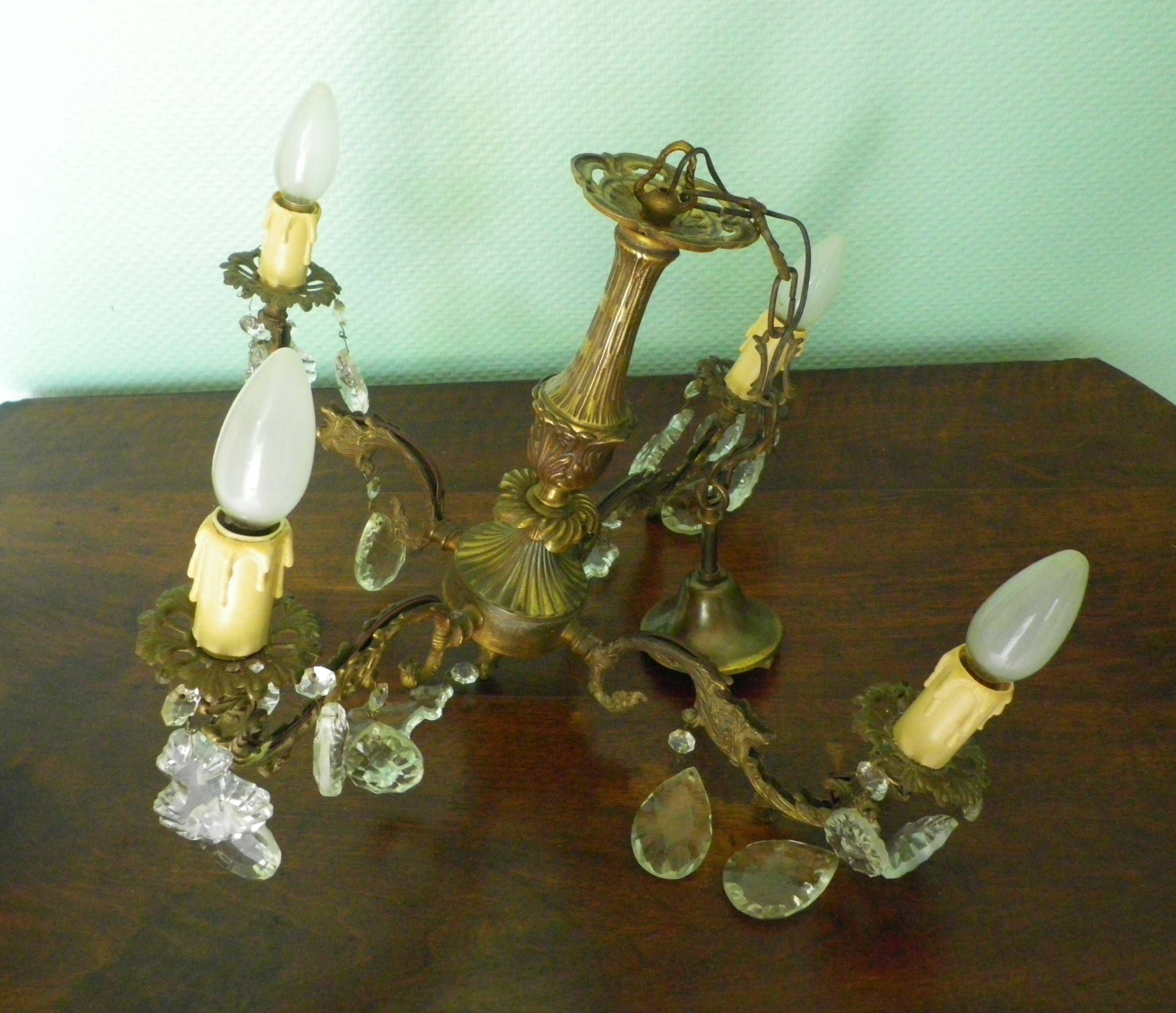 Rococo chandelier with crystal pendants, 4 lights, brass and metal 1950/1960