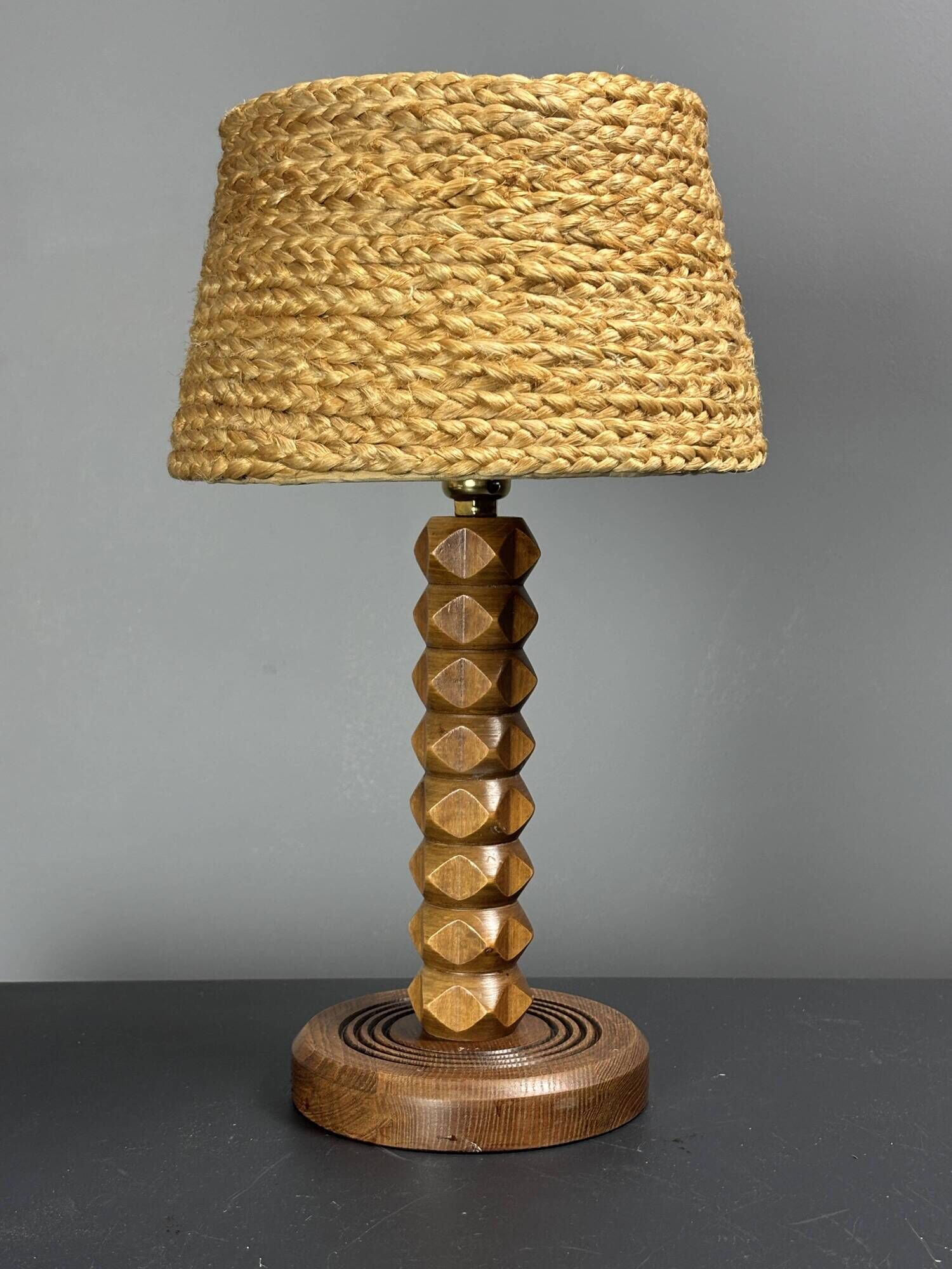 Mid-Century modern brutalist wood turned table lamp Charles Dudouyt style