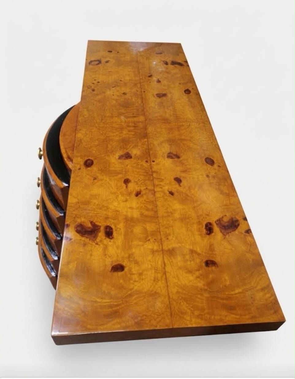 An Art Deco console made of beech wood with elm burl and 5 drawers.