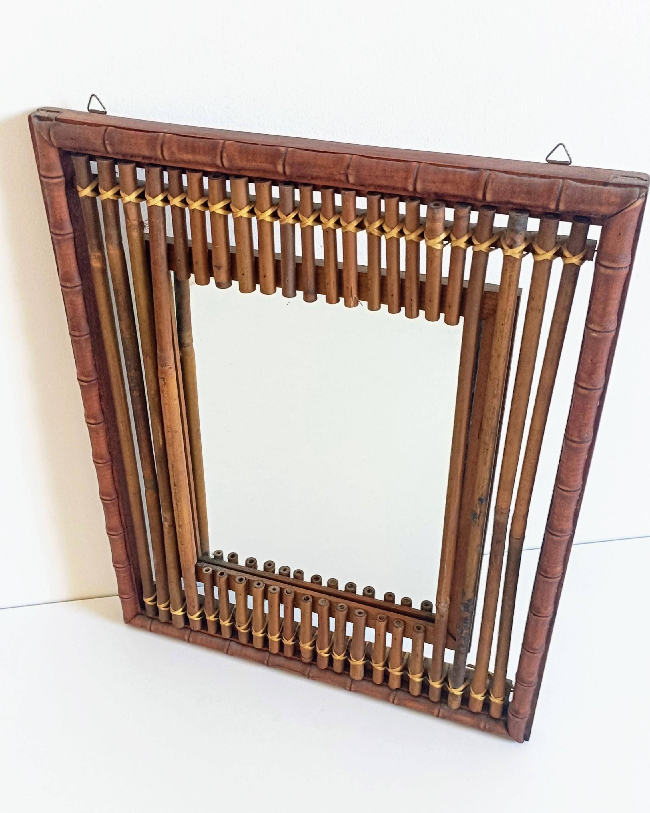 Antique French Art Deco Bamboo and Wood Wall Mirror, Early 20th Century