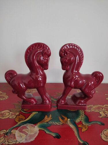 Pair of red porcelain horse bookends