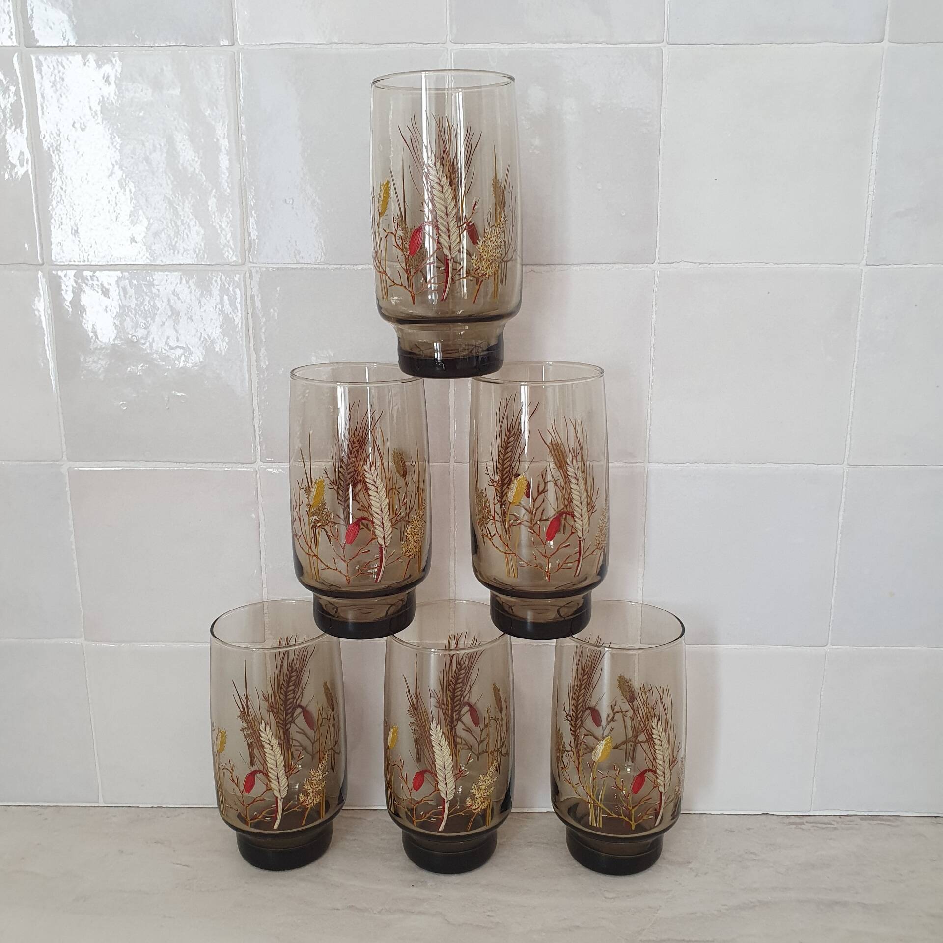 6 large smoked brown glasses