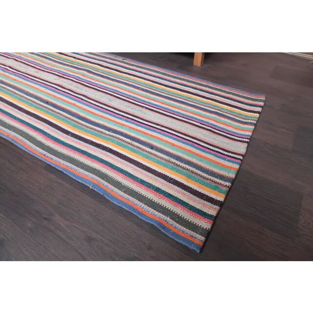 Tapis de couloir kilim turc vintage en laine et coton rose noué à la main