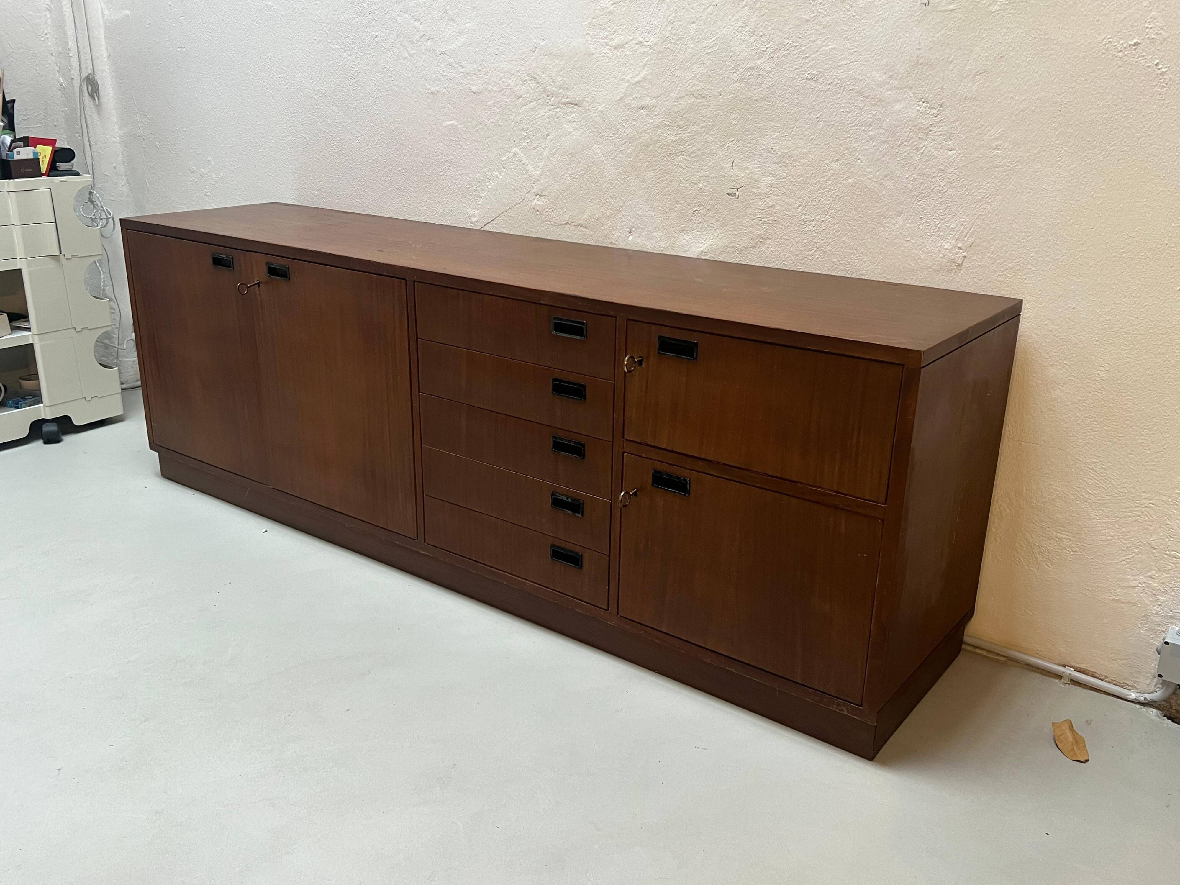 Vintage Italian Sideboard, Mid-Century Modern Wood Cabinet with Lockers 1960's