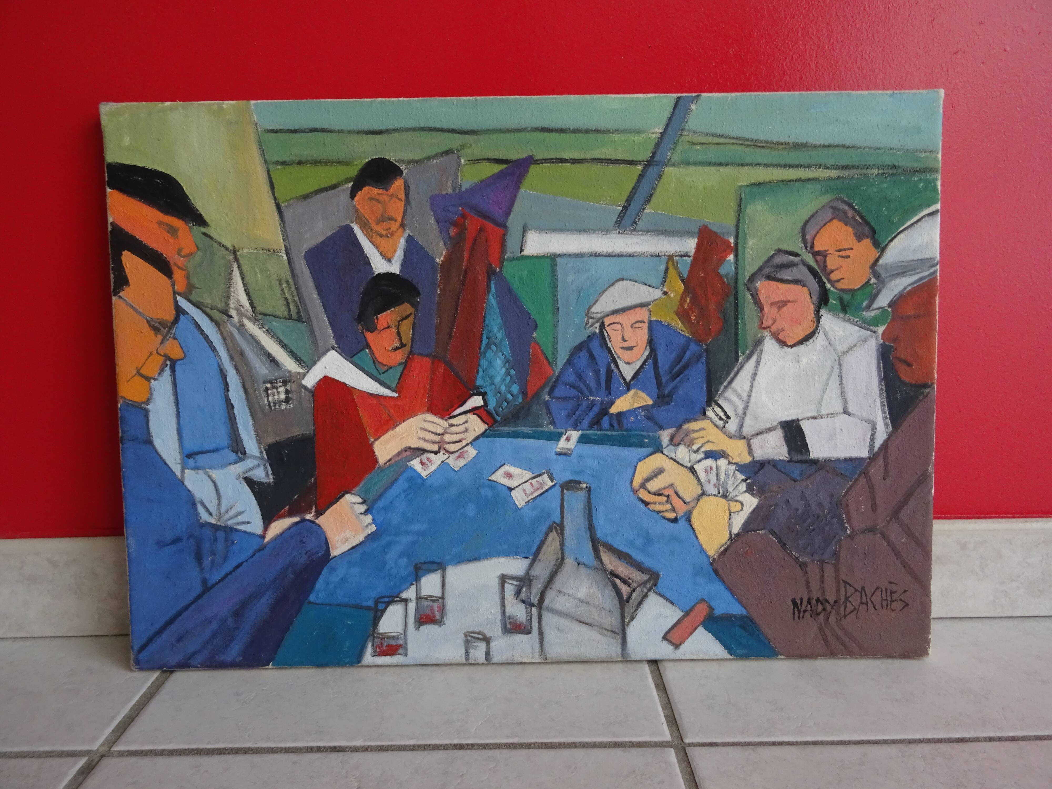 Painting The Card Players Canvas signed Nady Bachès year 60/70
