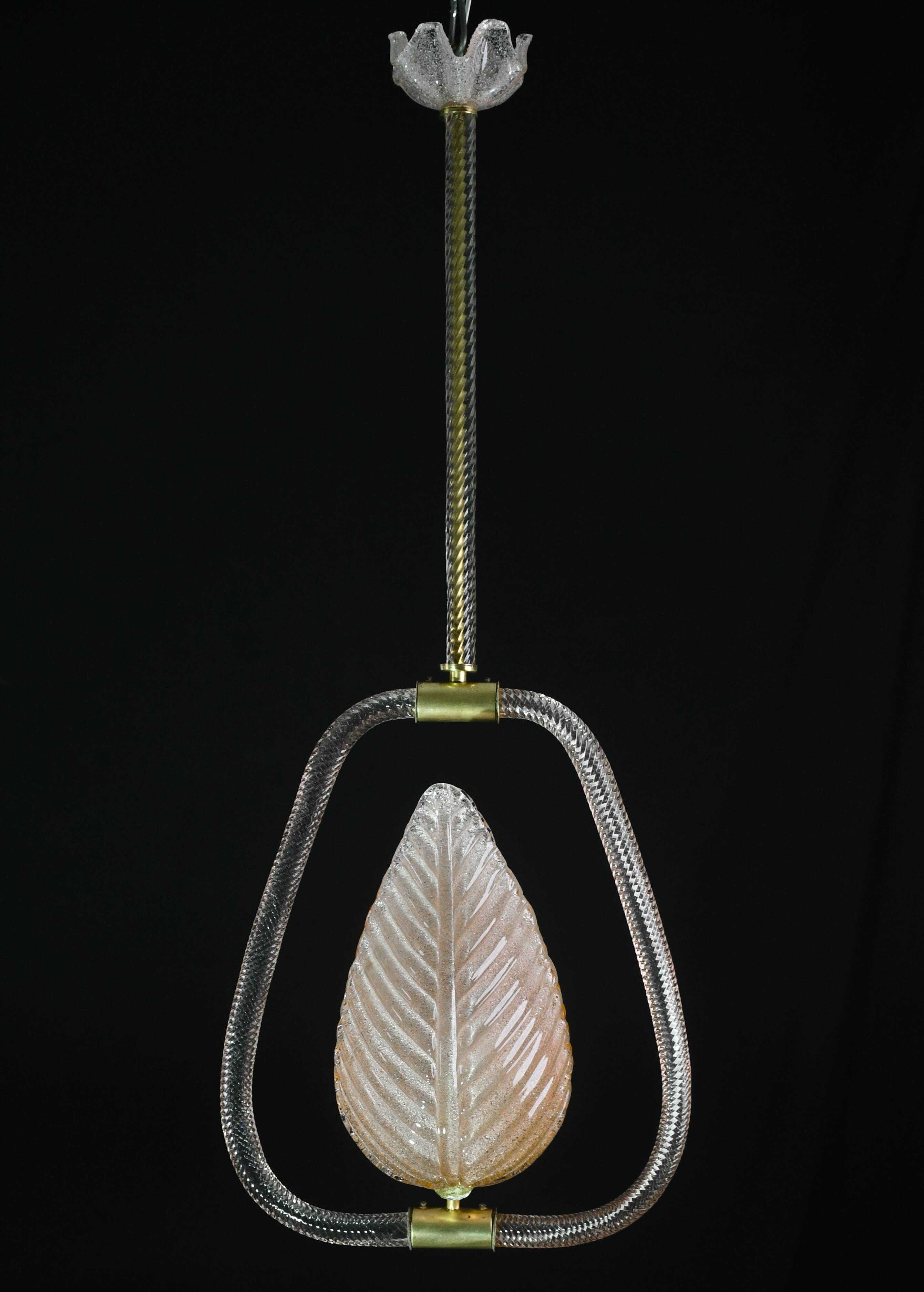 Elgant Pink Art Decò Barovier e Toso Pendant Light Murano Glass, 1940s