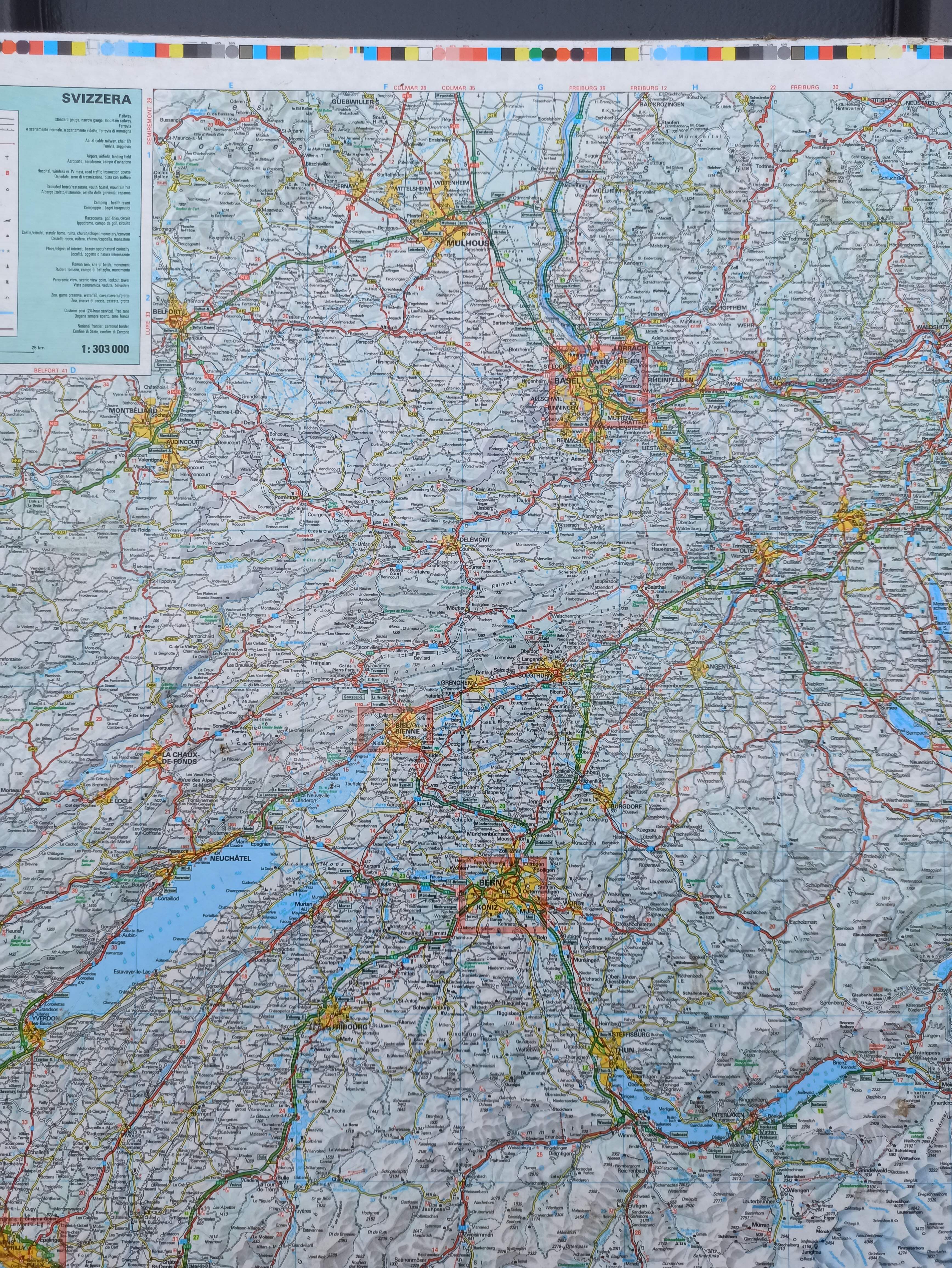 Very large Swiss road map on tole - 126 x 86.5 cm