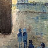 Mid-Century Modern Swedish "City Dream" Vintage Oil Painting, Framed