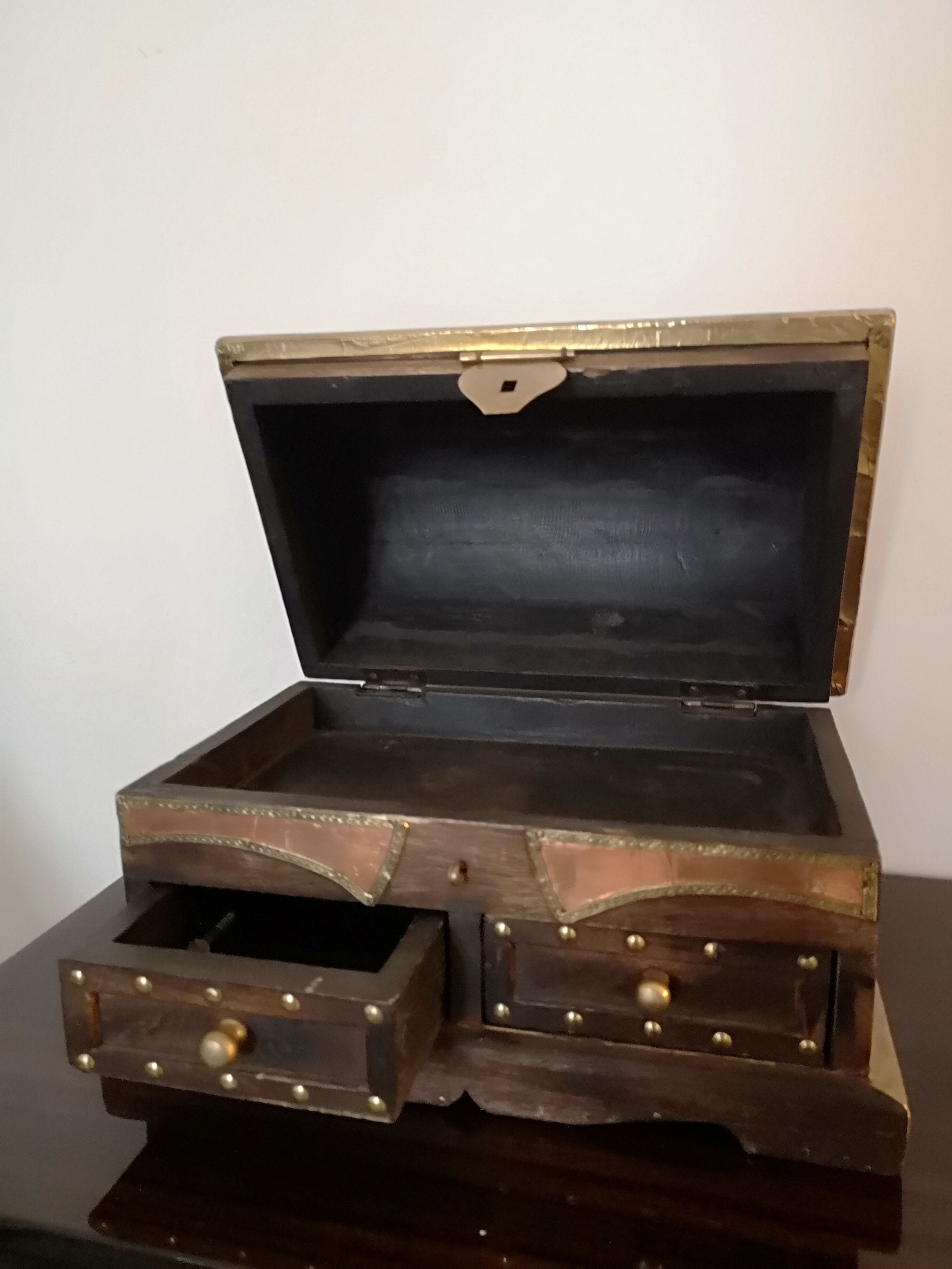 Berber chest with jewelry, wood and brass