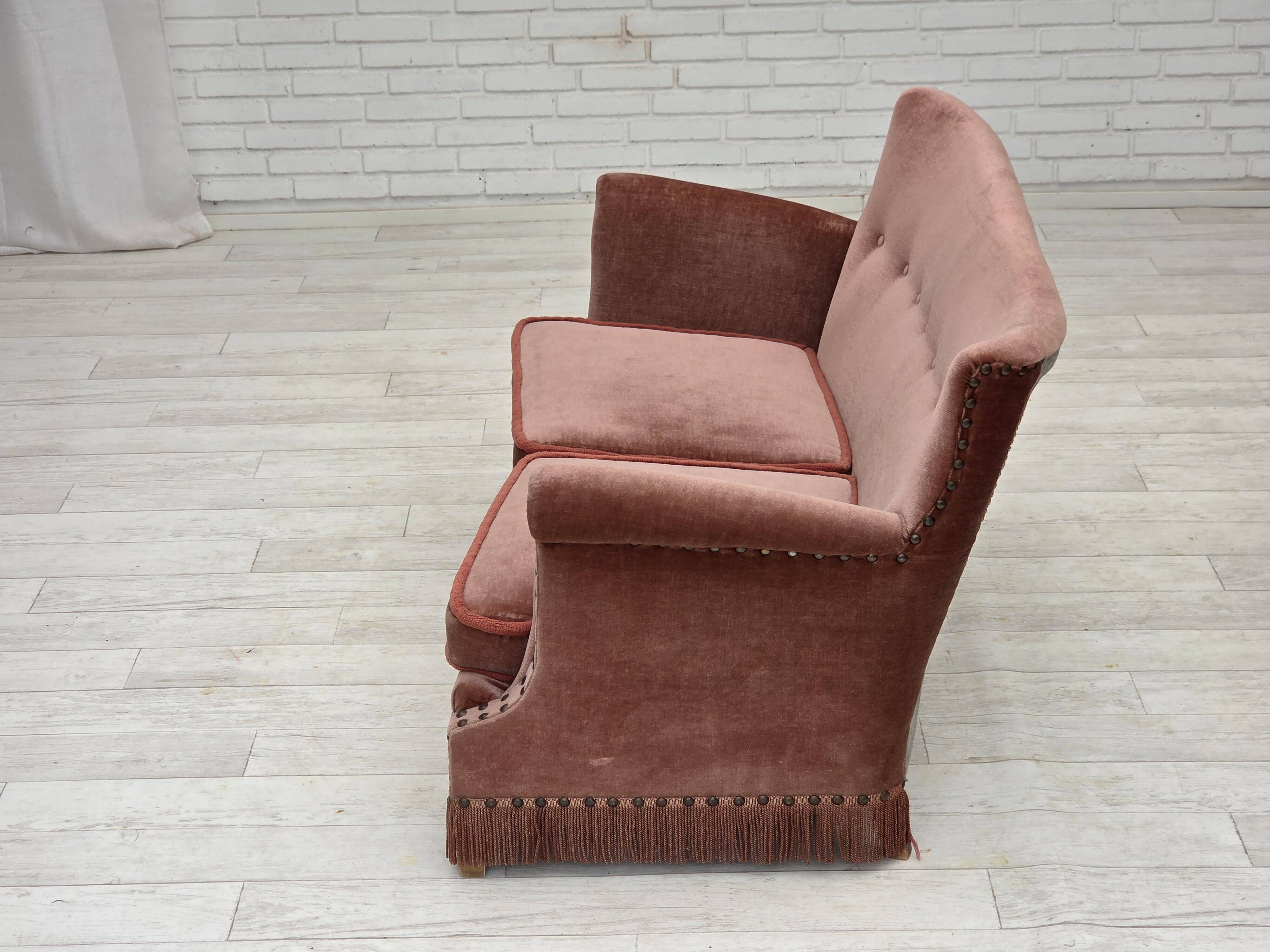 1970s, Danish 2-seater sofa, salmon pink furniture velour, beech wood.