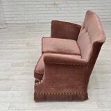 1970s, Danish 2-seater sofa, salmon pink furniture velour, beech wood.