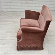 1970s, Danish 2-seater sofa, salmon pink furniture velour, beech wood.