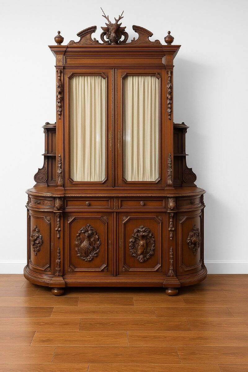 Important two-body buffet from a hunting lodge in carved walnut, Renaissance style.