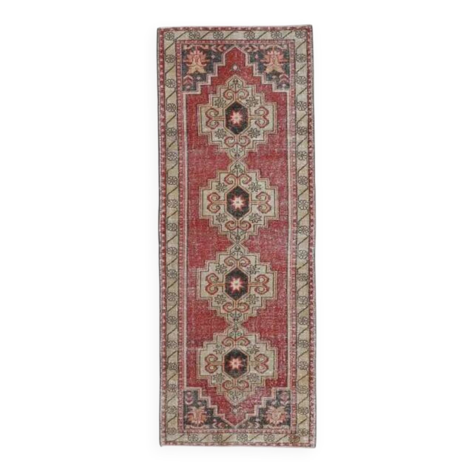 Vintage Turkish Oushak Handmade Wool Cotton Red Runner Rug   101x281
