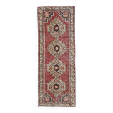 Tapis couloir vintage turc Oushak fait main en laine et coton rouge 101x281