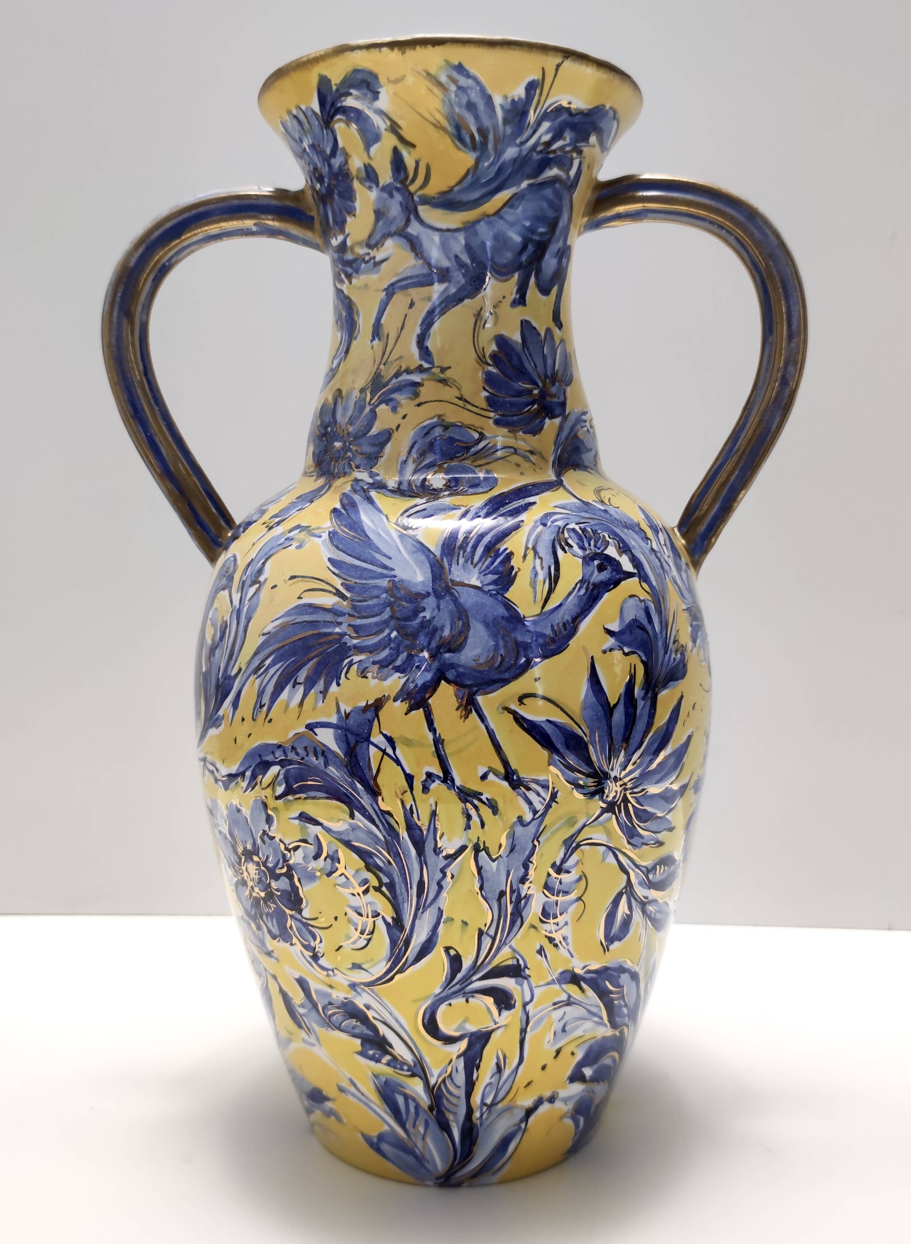 Vintage Handmade Yellow and Blue Glazed Ceramic Amphora by Zulimo Aretini, Italy