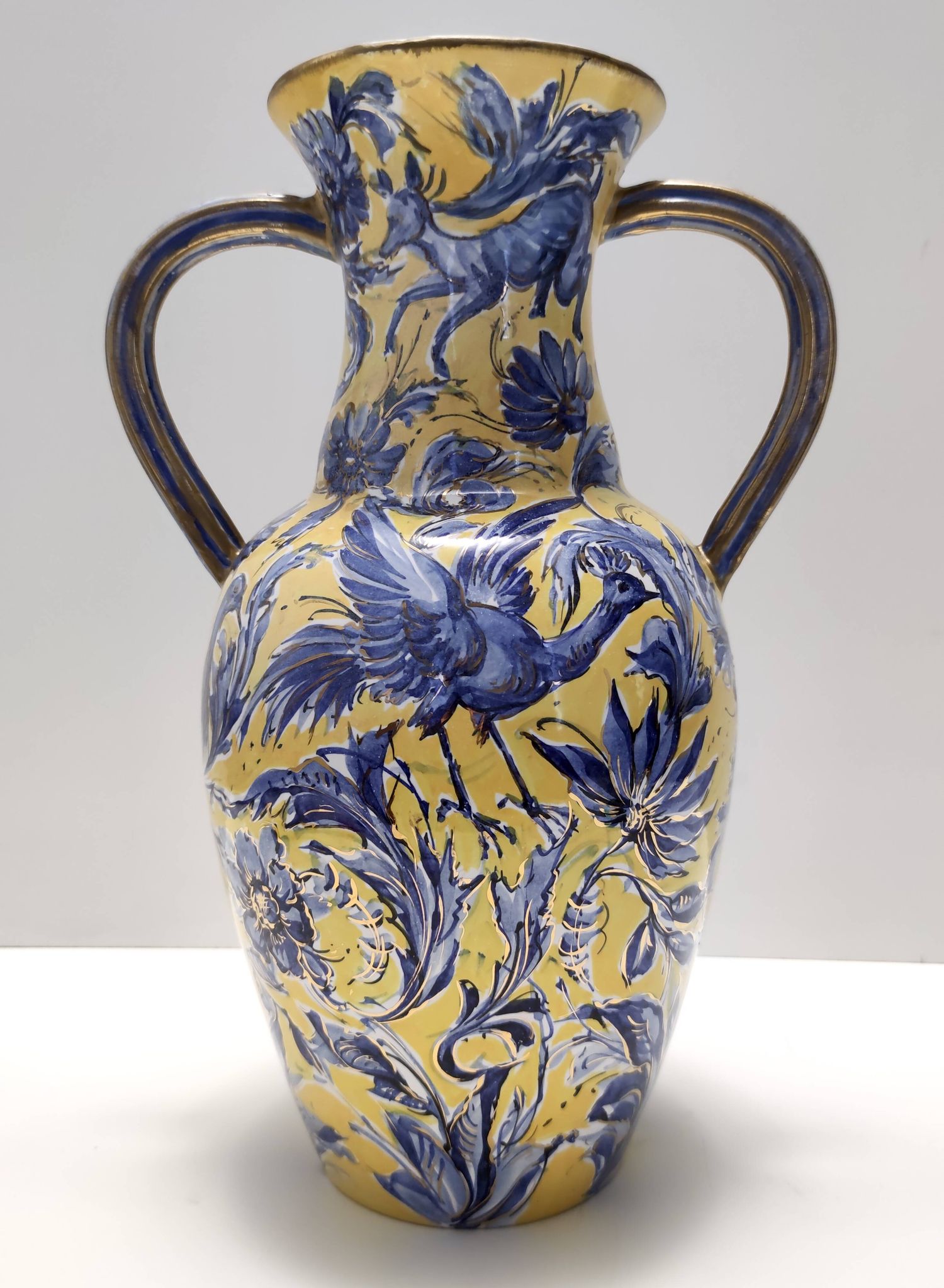 Vintage Handmade Yellow and Blue Glazed Ceramic Amphora by Zulimo Aretini, Italy