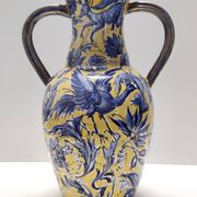 Vintage Handmade Yellow and Blue Glazed Ceramic Amphora by Zulimo Aretini, Italy