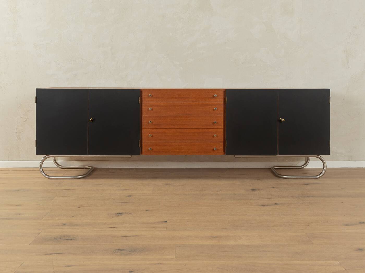 Classic sideboard from the 1960s, teak veneer, black doors, Bauhaus stainless steel feet
