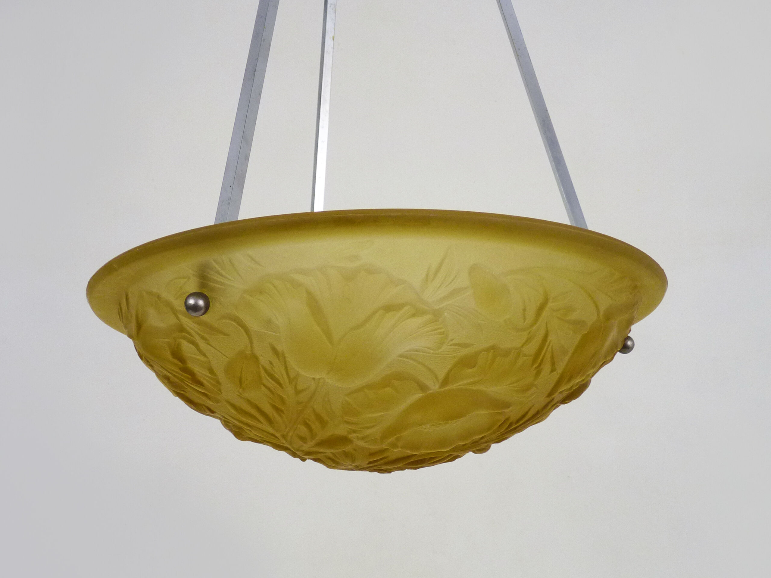 Old chandelier, suspension basin art deco 1 fire, in yellow glass paste