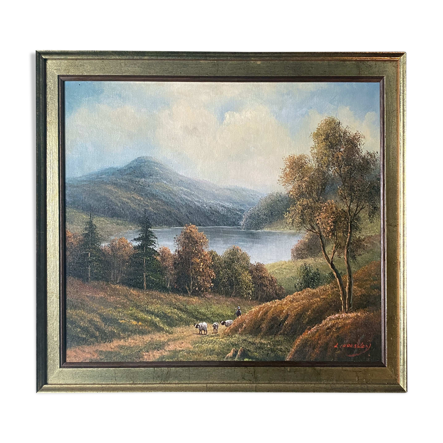 Table HST "animated pastoral landscape" HST signed (to be deciphered) + frame