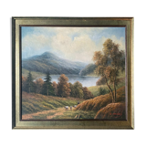 Table HST "animated pastoral landscape" HST signed (to be deciphered) + frame