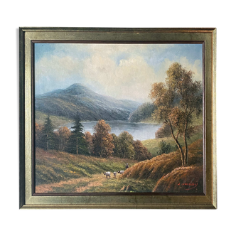 Table HST "animated pastoral landscape" HST signed (to be deciphered) + frame