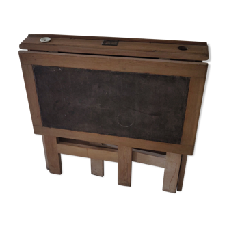 Foldable School Desk, brown leather top, with inkwell.
