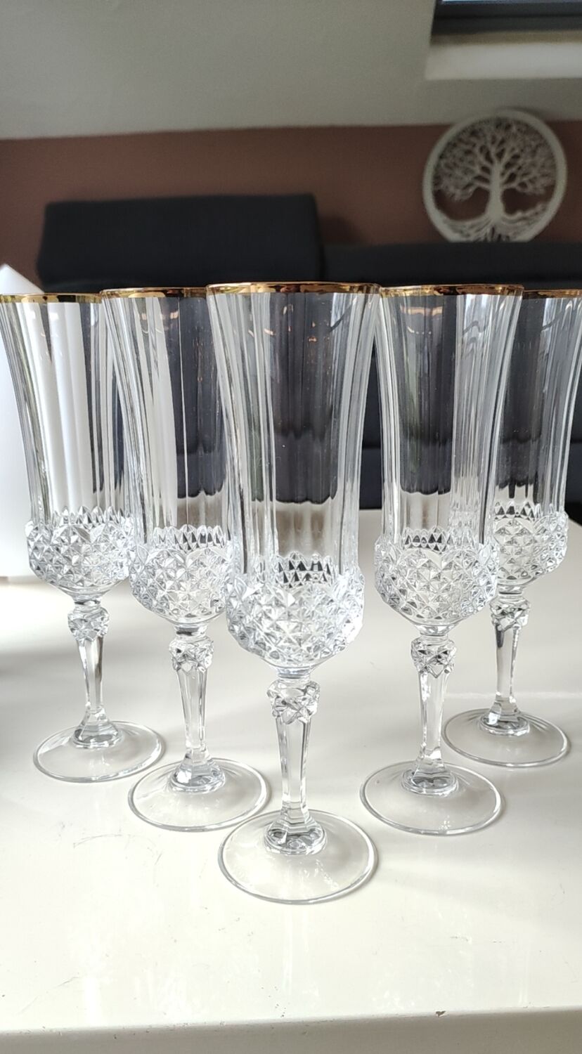 Lot of 6 x Champagne Flutes crystal/Valencay Gold/Crystal d'Arques