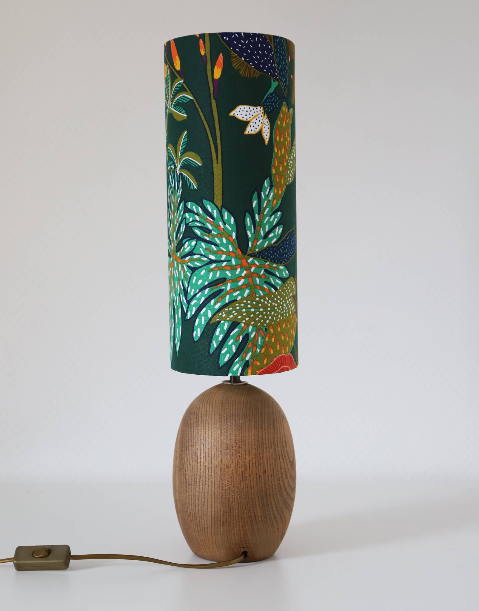 Table lamp, Mid-Century carved wood base, and Jungle Floral lampshade