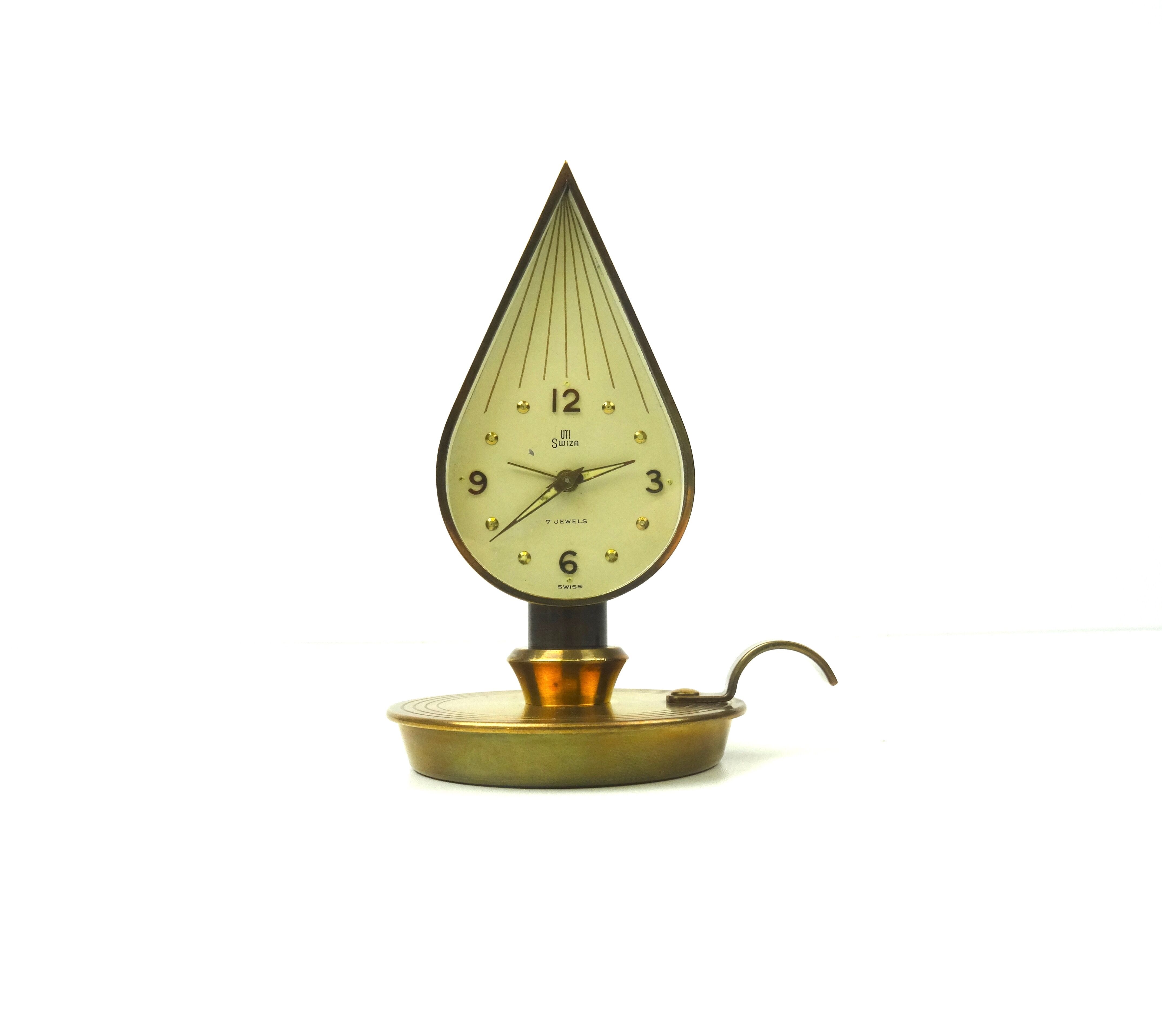 Lovely rare mid century Swiza brass candlelight shape desk clock Hollywood Regency Swiss 1950