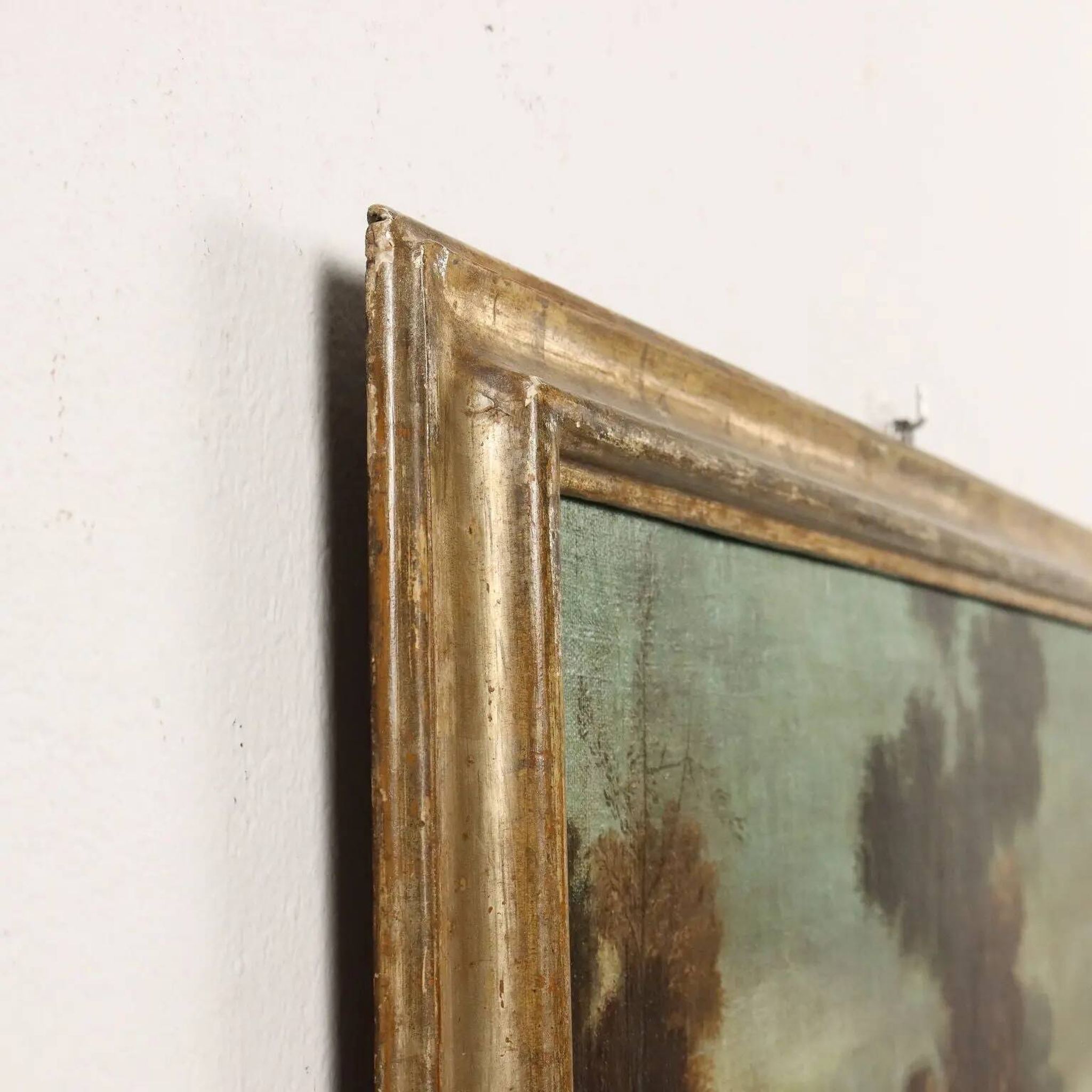 Ancient painting from the 1700s, landscape with figures, oil on canvas, styled frame.