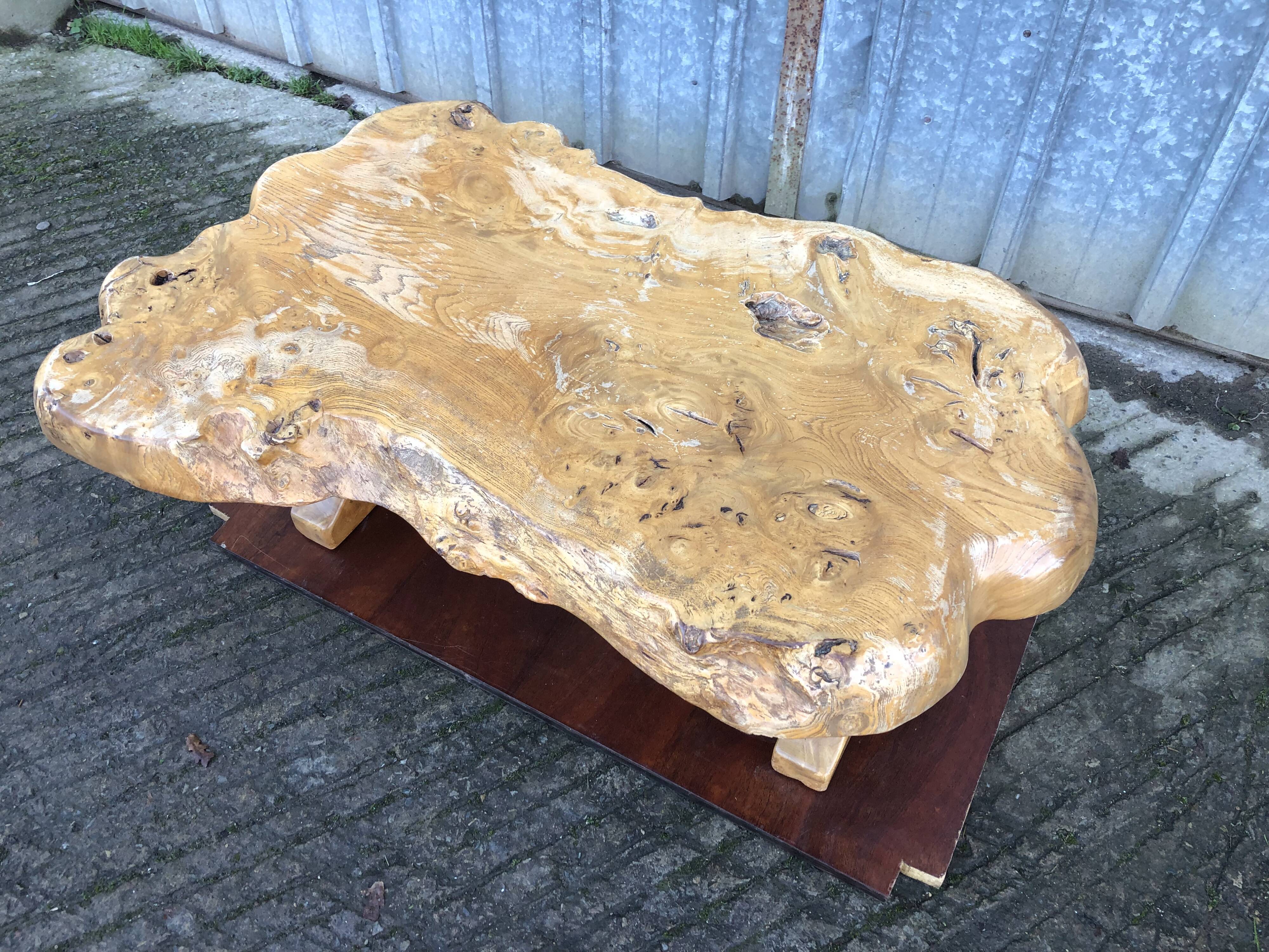 Handcrafted Brutalist coffee table in solid elm