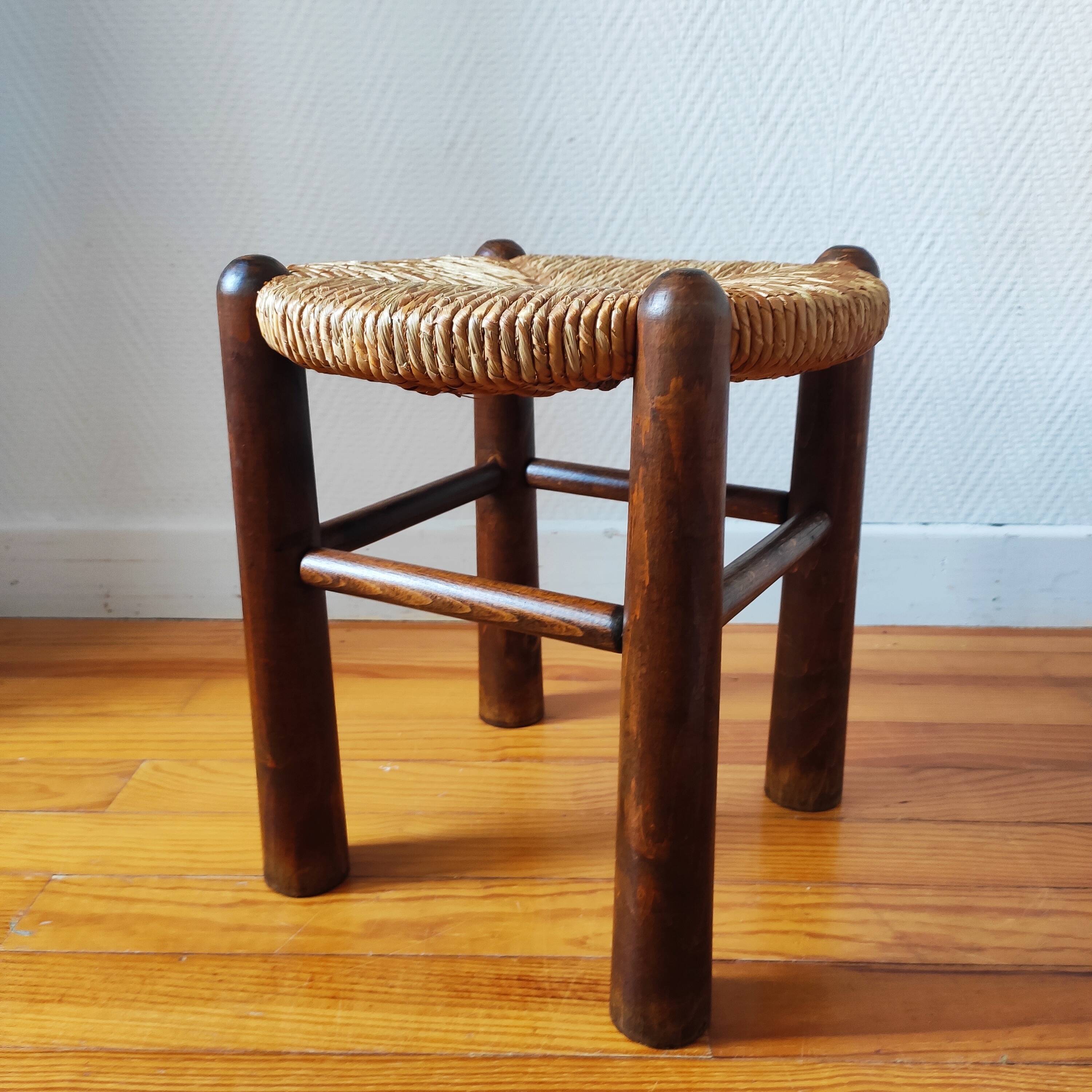 Brutalist wooden and straw stools - France 1950